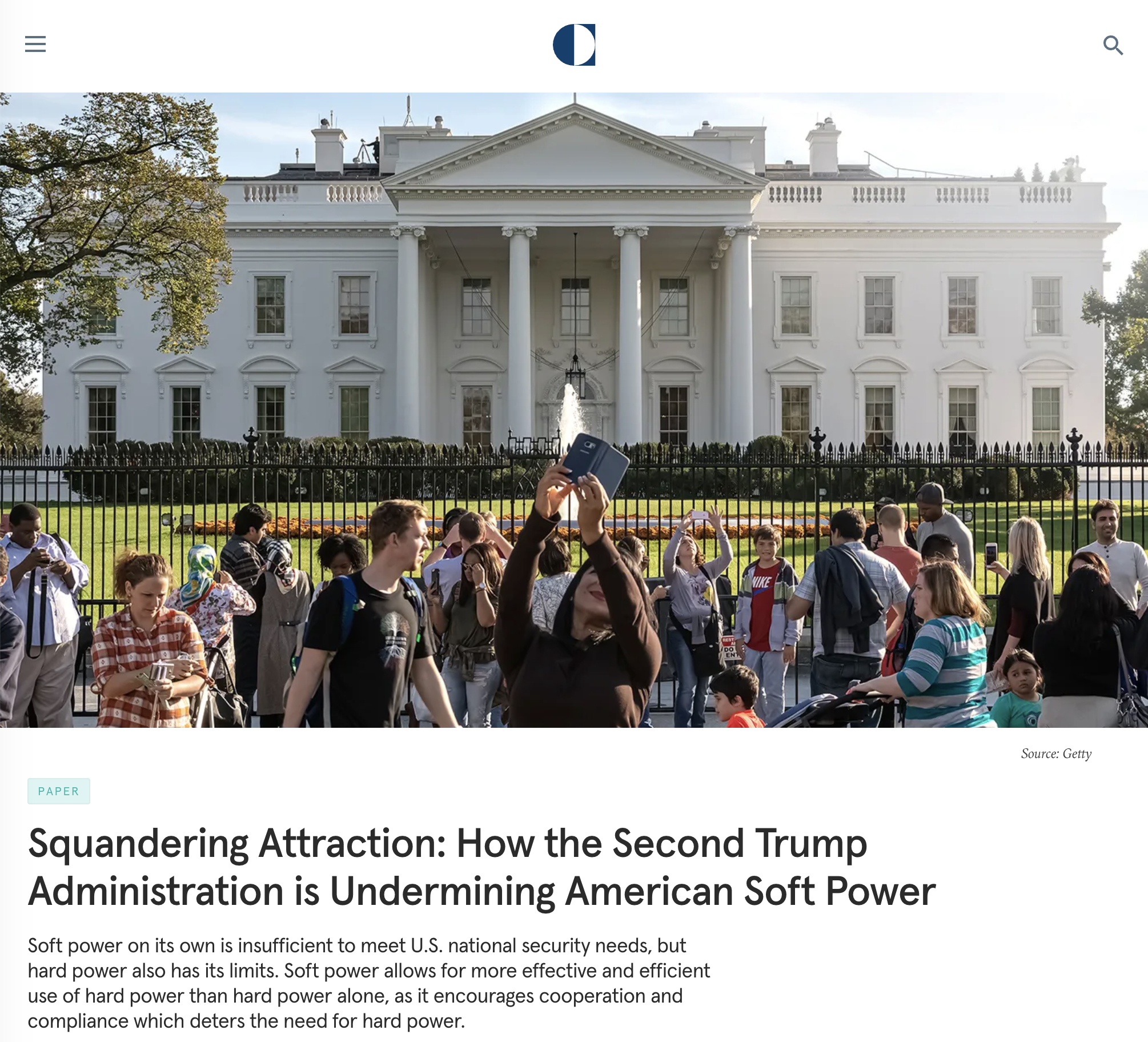 Screenshot of the Carnegie Endowment report Squandering Attraction, showing its title and White House photograph credited to Getty